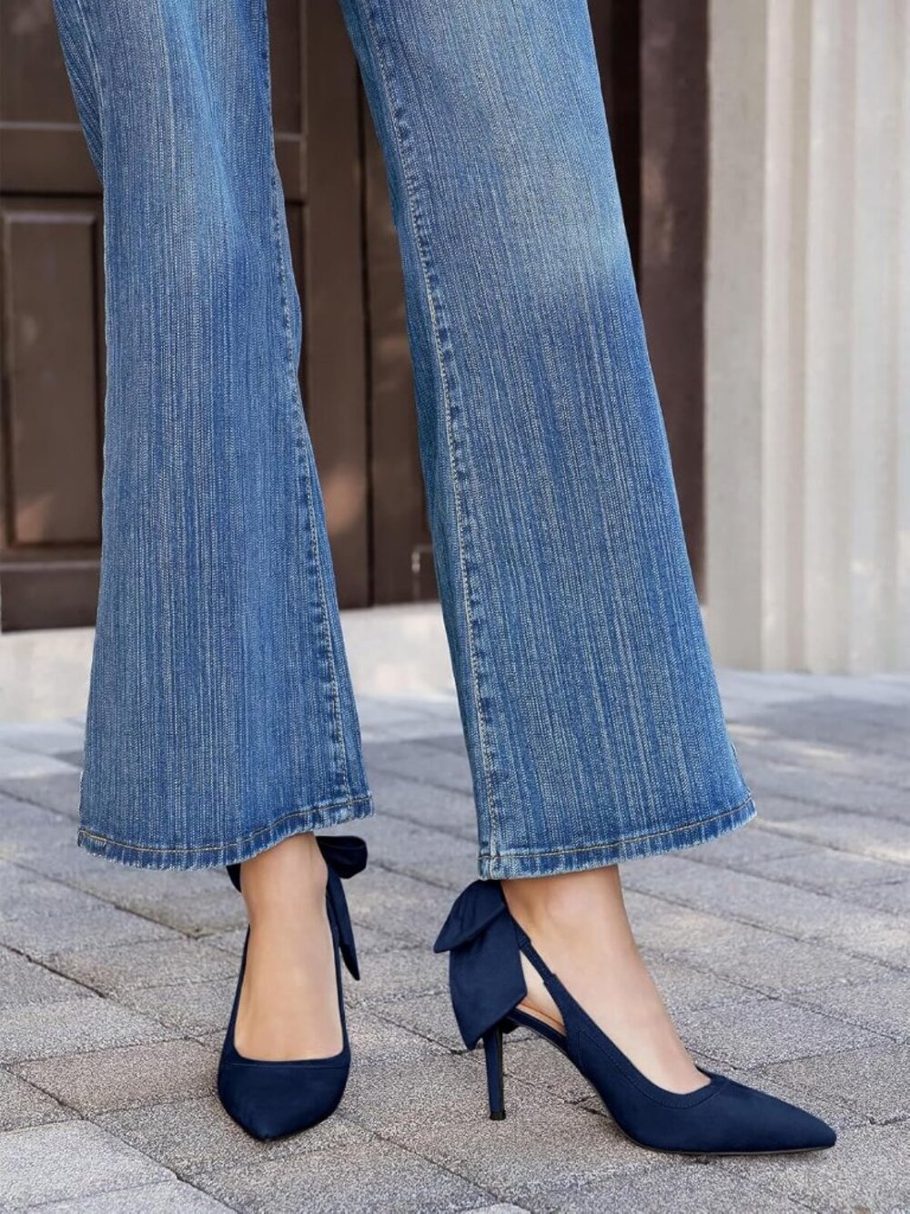 Women Suede Navy Blue Slingback Bow Closed Pointed Toe Lace Patchwork High Heels - Picture 3 of 6